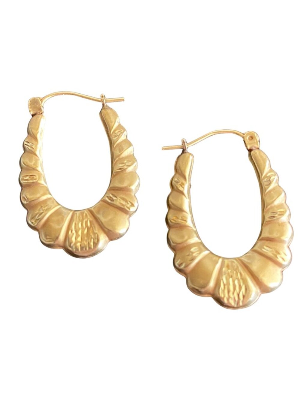 14K Gold Shrimp Hoop Earrings Ribbed Textured 1” Hoops 1.74 grams